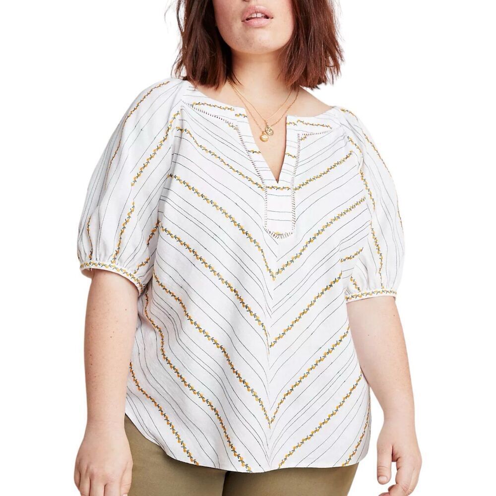 Maeve Ivory Fruit Embroidered Puff Sleeve Blouse 26W